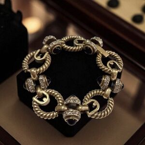 Luxury Twisted Rope Cable Onyx Glass Cabochon Zircon Crystal Bracelet